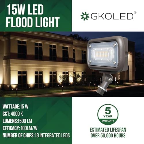 GKOLED 15W Outdoor LED Flood Security Lights, Waterproof Landscape Lighting, 50W PSMH Equivalent, 1500 Lumens, 4000K Cool White, 1/2" Adjustable Knuckle, Compact Size, UL-Listed - Image 2