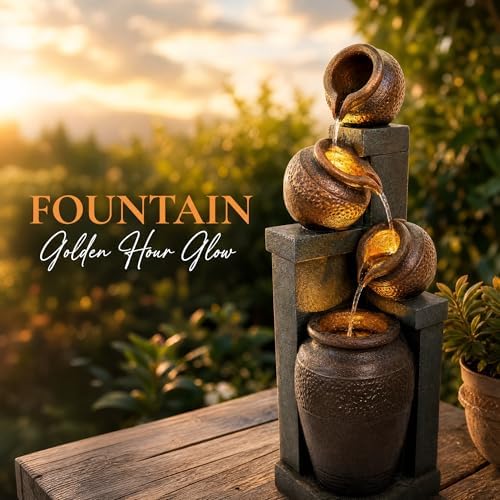Outdoor Water Fountain with LED Lights, 34.84" Tiered Bowl Cascading Water Feature, Resin Garden Fountain for Patio, Backyard, Balcony, Porch, Deck, Housewarming Gift - Image 6