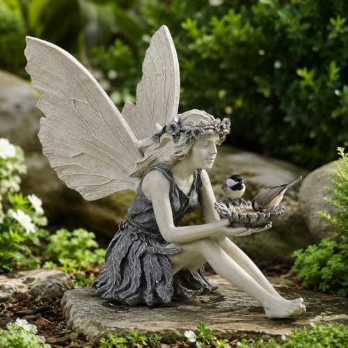 Resin Fairy Bird Feeder Statue, Sitting Winged Girl Garden Figurine with Flower-Shaped Bowl, Gray Outdoor Yard Patio and Porch Decor, 1 Pack - Image 2