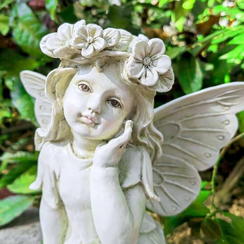 Fairy Garden Statue, Sitting Resin Fairy Figurine, 12.8 Inch - Image 6