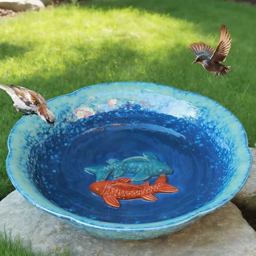 10" W Ceramic Bird Bath Bowl,Bird Bath for Outside with 2 Koi Fish Decor. by UPSJYJ
