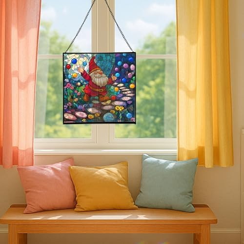 Gnome in a Jellybean Garden Stained Glass Suncatcher – Square Hanging Window Panel for Home or Greenhouse – Whimsical Glass Art Gift for Garden Lovers, Christmas, Halloween, Father Days v4Uq3H - Image 5