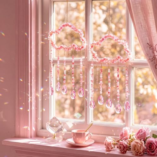Suncalla 2 Pcs Crystal Suncatchers for Window Pink Clouds Boho Decor Hanging Sun Catcher Making Rainbow Artificial Crystal Prisms Wind Chime with Chain for Garden Home Wedding Ornament Gift - Image 2