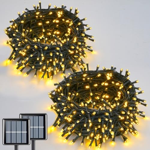 QITONG 2 Pack Warm White Solar String Lights, Each 66ft 200 LED Solar Fairy Lights Outdoor Waterproof, 8 Modes Green Wire Solar Twinkle Tree Lights for Outside by QITONG