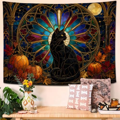 Halloween Black Cat Tapestry, Pumpkin Stained Glass Fall Decor 70x90inch - Image 5