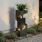 Modern Rectangular Water Fountain Outdoor with LED Lights & Planter Top, 35.4" Tall Resin Cascading Waterfall Feature for Patio Backyard Garden Décor, Outdoor Water Feature - Image 3