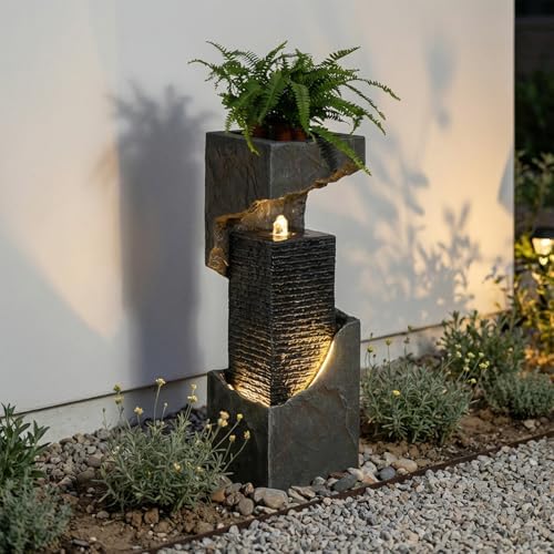 Modern Rectangular Water Fountain Outdoor with LED Lights & Planter Top, 35.4" Tall Resin Cascading Waterfall Feature for Patio Backyard Garden Décor, Outdoor Water Feature - Image 3
