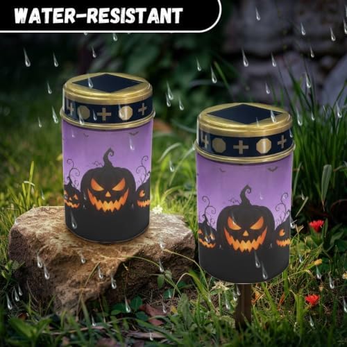 Poceacles Outdoor Solar Powered Cemetery Lights Grave Outdoor Stake Lights Garden Solar Lantern Flameless Candles Halloween Garden Decoration, Pumpkin Bat Print Violet, Pack of 6 - Image 6