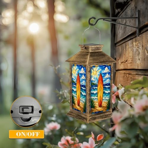 Solar Lantern Outdoor Waterproof Stained Glass Surfboard Vibrant Ocean Beach Garden Decor LED Hanging Solar Lights Tabletop Lamp Gifts for Women Mom Outside Yard Patio Porch - Image 5