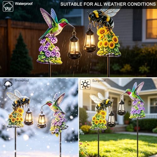 2 Pack Solar Garden Stakes, Metal Hummingbird & Bee Lantern Lights - Image 3