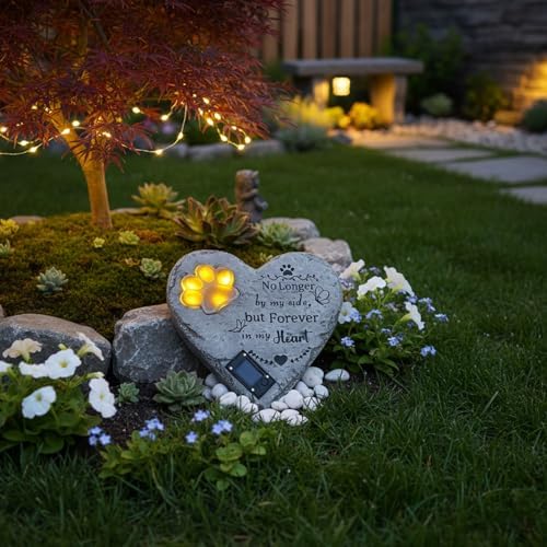 Pet Memorial Stone Solar Lighted Glowing Paw Print Heart Statue 10" - Image 3