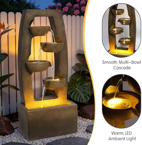 37.6'' Outdoor 4-Bowl Rock Water Fountain with Lights and Pump,Multi Tier Cascading Waterfall Resin Garden Fountain,Floor Standing Waterfall Feature for Patio Yard Porch Landscape - Image 2