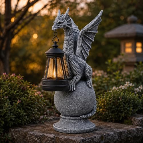 Qeeman Solar Dragon Garden Statue with Lantern: Outdoor Resin Garden Accent - Image 2