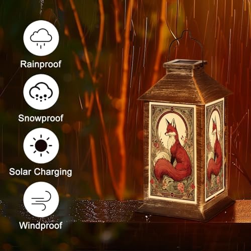 Solar Lantern Red Fox Floral Accents Vintage Art Nouveau Style Outdoor Waterproof Hanging Solar Light Outside Lights for Patio Yard House Lawn Decor Birthday Gifts for Women Mom - Image 5
