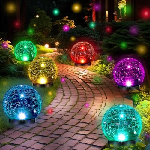 Glooglitter 6 Pcs Extra Large Solar Globes Lights Outdoor Cracked Glass Ball Solar Light Multi Color Pre Lit Crystal Waterproof Lawn Globes for Yard Landscape Garden Decor (4.72") by Glooglitter