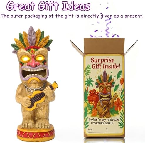 Solar Tiki Garden Statue with LED Eyes Outdoor Resin Ukulele Player Yard Decor Solar Light Hawaiian Style Lawn Ornament for Patio Porch Tiki Bar Decor Best Gift for Tiki Lovers - Image 5