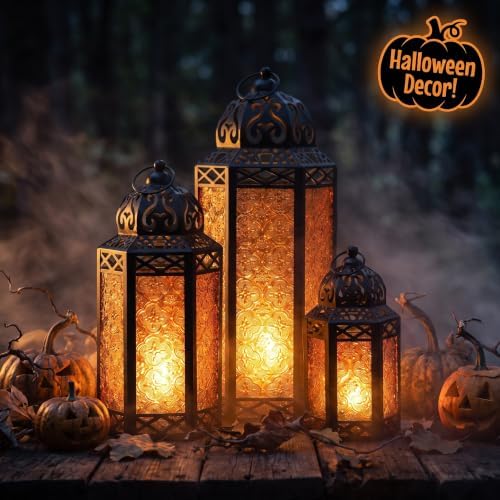 VELA LANTERNS Set of 3 Amber/Orange Glass & Black Metal Moroccan Candle Lantern Holders (XL, Large, Small) - Decorative Indoor/Outdoor Decor for Patio, Floor, Weddings & Ramadan - Image 4
