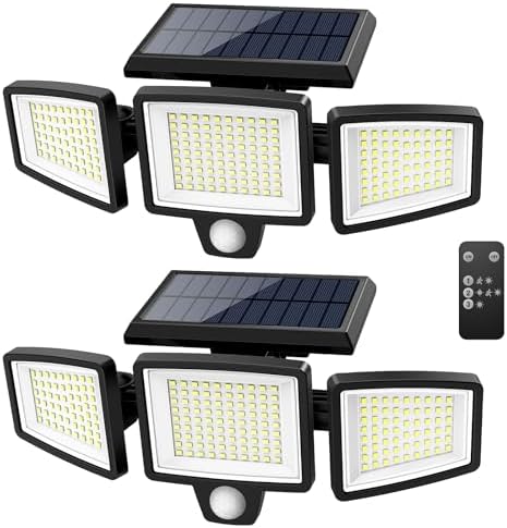 Tuffenough Solar Outdoor Lights 2500LM 210 LED Security Lights with Remote Control,3 Heads Motion Sensor Lights, IP65 Waterproof,270° Wide Angle Flood Wall Lights with 3 Modes(2 Packs) by SolarOutdoorLights