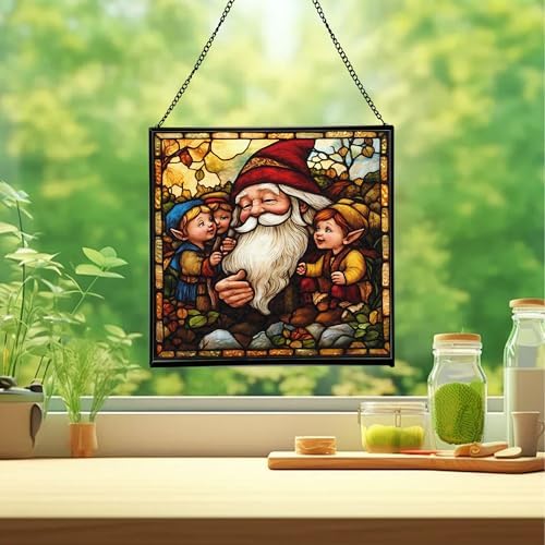 Gnome with Wisdom Sharing Stained Glass Suncatcher – Square Hanging Window Panel for Home, Garden, Nursery, Halloween, Christmas, Memorial Day – Whimsical Glass Art Gift for Gnome Lovers 8w975r - Image 2