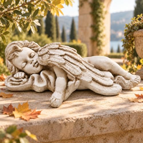Lying Angel Garden Statue, Magnesium Oxide Outdoor Statue, Gray Yard Decor by Guioiby