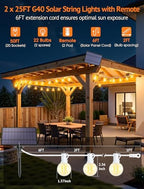 Larkvue 50FT(2x25FT) Solar String Lights with Remote, 20+2 G40 Bulbs, White - Image 2