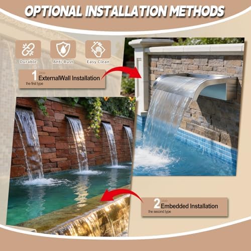 Curved-Mouth Waterfall Pool Fountain, Stainless Steel Waterfall Spillway with Pipe Connector Kits for Outdoor Decorative, 35.4 Inches Pool Water Feature for Garden Patio, Without Cover Plate - Image 5