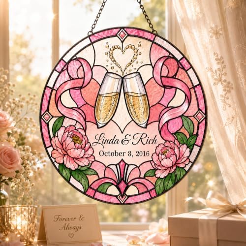 Personalized Couple Anniversary Suncatcher Hanging Ornament, Floral Love Window Hanging Custom Anniversary Wedding Couple Gift for Wife Husband Wedding Keepsakes Home Decor Bride Groom 11.81" - Image 4