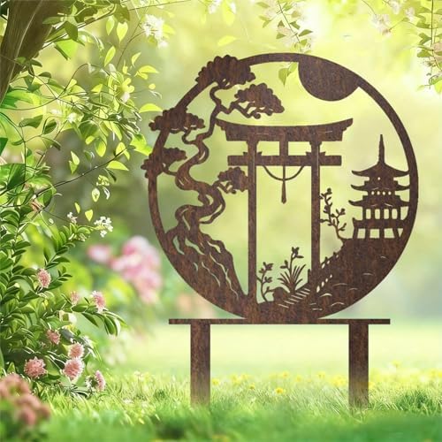 Japanese-Inspired Garden Stake Set - Rust-Covered Metal Sparrow, Torii Gate & Pagoda Sculptures, Zen Outdoor Decor for Lawns, Gardens & Meditation Spaces, for Japanese Culture Enthusiasts by Unknown