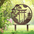 Japanese-Inspired Garden Stake Set - Rust-Covered Metal Sparrow, Torii Gate & Pagoda Sculptures, Zen Outdoor Decor for Lawns, Gardens & Meditation Spaces, for Japanese Culture Enthusiasts by Unknown