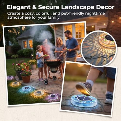 Mosaic Solar Disk Light, 2026 New Solar Mosaic Disk Lights - Waterproof LED Pathway Lights with Auto On/Off, Colorful Outdoor Garden, Yard & Walkway Decor, Solar Powered, Tempered Glass (Yellow*4) - Image 6