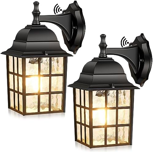 Brightever 2-Pack Dusk to Dawn Outdoor Wall Lantern, Exterior Light Fixtures with Photocell Sensor, Black Wall Light Waterproof, Waterfall Glass Outside Wall Sconce for Porch House Garage by Brightever