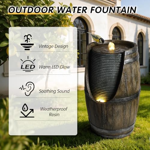 Rustic Barrel Water Fountain Outdoor with LED Lights, 24.8" Tall Cascading Water Feature for Patio, Lawn, Backyard & Garden, Natural Stone Look Resin Water Fountain Decor (Rustic Barrel 24.8" H) - Image 4