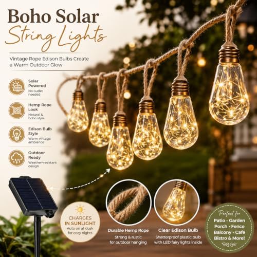 Boho Fairy String Lights Outdoor Solar Powered, Vintage Rope Hemp Bulb LED Patio Lights, Waterproof Shatterproof Backyard String Lights for Garden Fence Decor (Multicolor - 25lights, 456, Inches) - Image 2