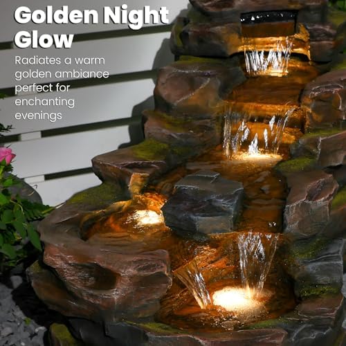 Sunlinua Water Fountain Outdoor Floor Standing 5-Tiers Rock Natural Waterfall Outdoor Garden Fountains with LED Lights for Patio, Porch, Home Art Decor - Image 2