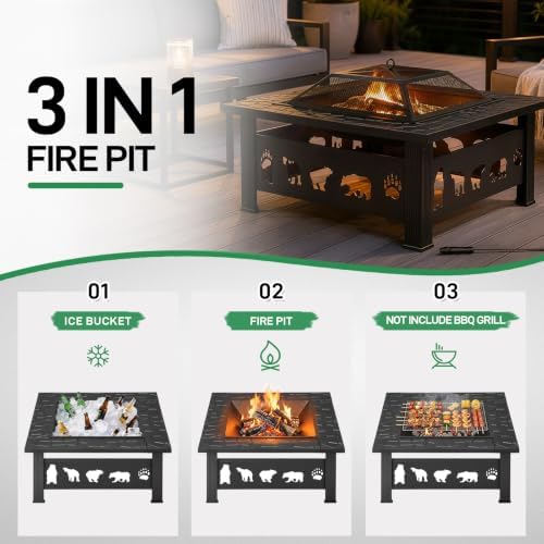Outvita Outdoor Fire Pit, 32 Inch Square Firepit Table, Bear Cutout - Image 2