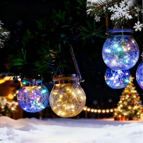 Hang Outdoor Solar Lights Waterproof, 2 Pack 30LED Cracked Glass Ball Decorative Lanterns, Solar Powered Landscape with Handle for Yard Patio Fence House Holiday Decor, Birthday Gift for Women - Image 3