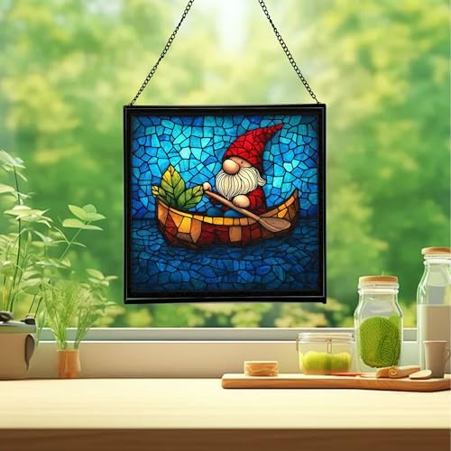 Gnome Canoe Ride Stained Glass Suncatcher – Square Hanging Window Panel for Home or Greenhouse – Whimsical Glass Art Gift for Garden Lovers, Christmas, Halloween, Father Days zv6fI0 - Image 2