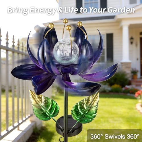 AIINY Solar Purple Metal Flower Wind Spinners, Colorful Spinning Windmill Lotus Yard Art Lights with LED Crystal Ball Decorative Stake Lighting Flower Sculpture - Image 4