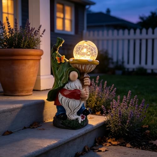 Solar Lights Outdoor Gnome Mushroom, Crackle Glass Statue, Garden Decor by FURUBETA
