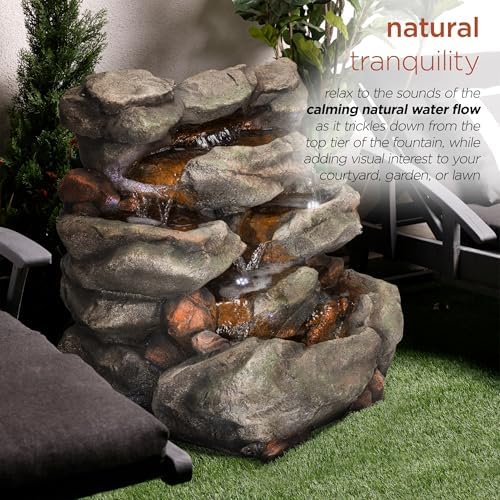 Alpine Corporation WIN734 31" Outdoor 6-Tier Rainforest Waterfall Fountain with LED Lights – Cascading Water Feature for Patio, Backyard, and Garden Décor, Gray - Image 5