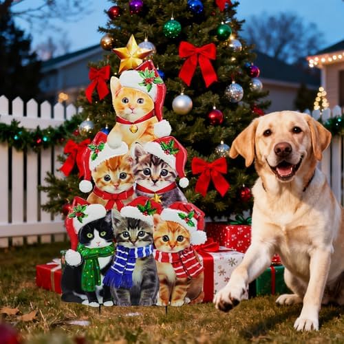 Cat Christmas Garden Stakes 30in Metal Santa Hat Stacking Yard Decor - Image 7