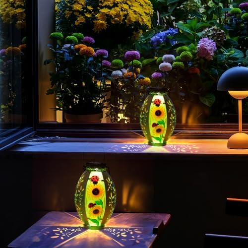2 Pack Sunflower Solar Lantern,Retro Solar Lanterns Outdoor Waterproof,Stained Glass & Metal Hanging Solar Lantern,LED Tabletop Lamp Solar Lights,Sunflower Outdoor Solar Lanterns for Pathway - Image 4