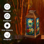 Solar Lantern Blue Dragonfly Stained Glass Colorful Floral Outdoor Waterproof Hanging Solar Light Outside Lights for Patio Yard House Lawn Decor Birthday Gifts for Women Mom - Image 5