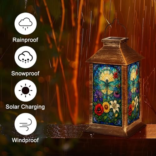 Solar Lantern Blue Dragonfly Stained Glass Colorful Floral Outdoor Waterproof Hanging Solar Light Outside Lights for Patio Yard House Lawn Decor Birthday Gifts for Women Mom - Image 5