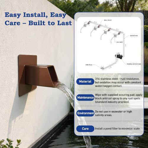 316 Stainless Steel 1.2" Wall Mount Water Spout – Outdoor Square Waterfall Fountain with Built-in Splash Diffuser, Garden Pond Pool Waterfall Spillway for Patio and Landscape (Brown) - Image 6