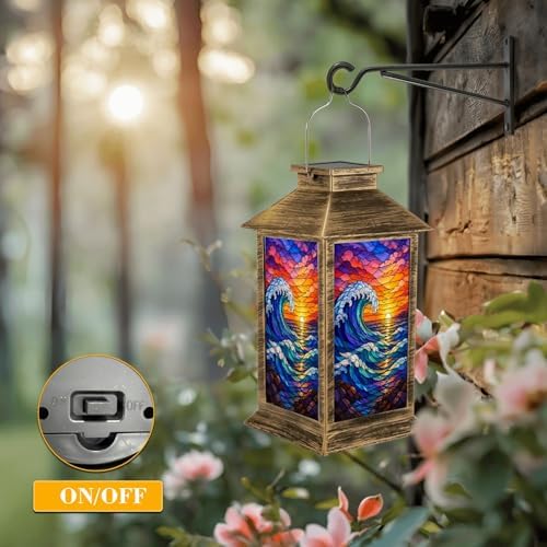 Solar Lantern Outdoor Waterproof Stained Glass Style Ocean Waves Vibrant Sunset Sky Garden Decor LED Hanging Solar Lights Tabletop Lamp Gifts for Women Mom Outside Yard Patio Porch - Image 5