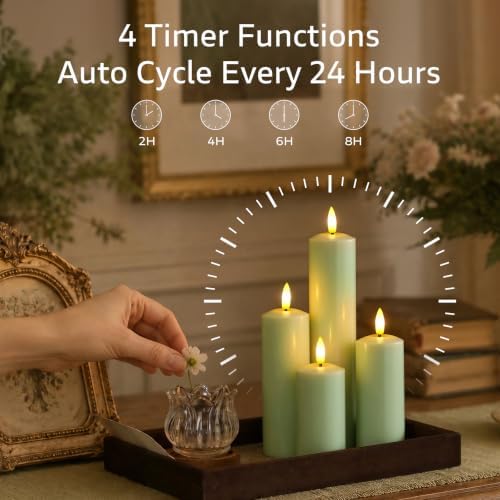 Pack of 9 Real Wax Pillars Flameless Candles with Remote, 400H Battery Operated Flickering LED 3D-Wick Warm Lights, 2/4/6/8H Timer for Home Decor(2" x 4" 4" 5" 5" 6" 6" 7" 8" 9" Sage Green) - Image 3
