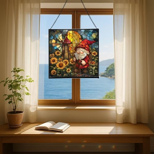 Gnome with Windmill Garden Stained Glass Suncatcher – Square Hanging Window Panel for Home or Greenhouse – Whimsical Glass Art Gift for Garden Lovers, Christmas, Halloween, Father Days HML9Z6 - Image 6