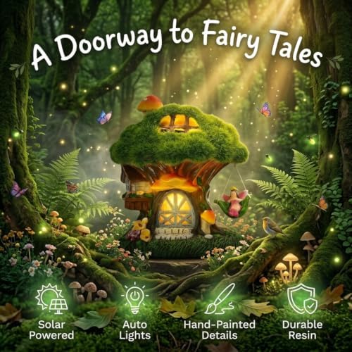 TERESA'S COLLECTIONS Fairy House Solar Light Green Moss Resin Statue 8" - Image 4