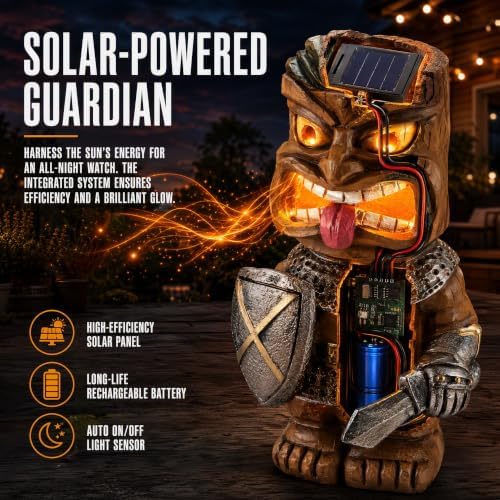 Solar Tiki Statue, Warrior with Sword & Shield, LED Eyes Outdoor Tiki Decor - Image 7